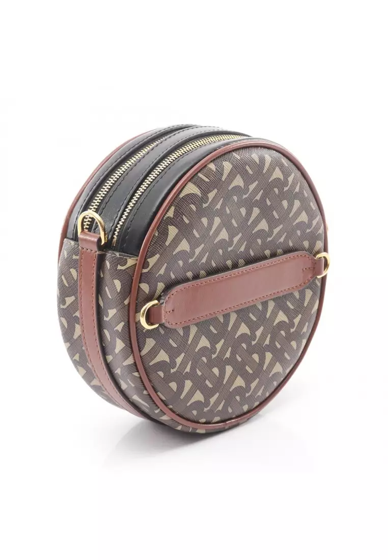Pre-Loved Burberry TB monogram round Shoulder bag PVC leather beige Brown black