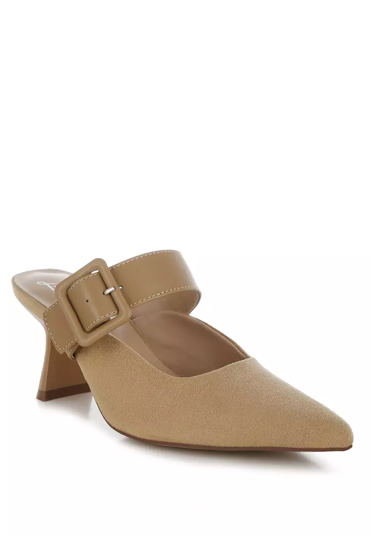 Microfiber Pointy Slip-On Mules in Beige