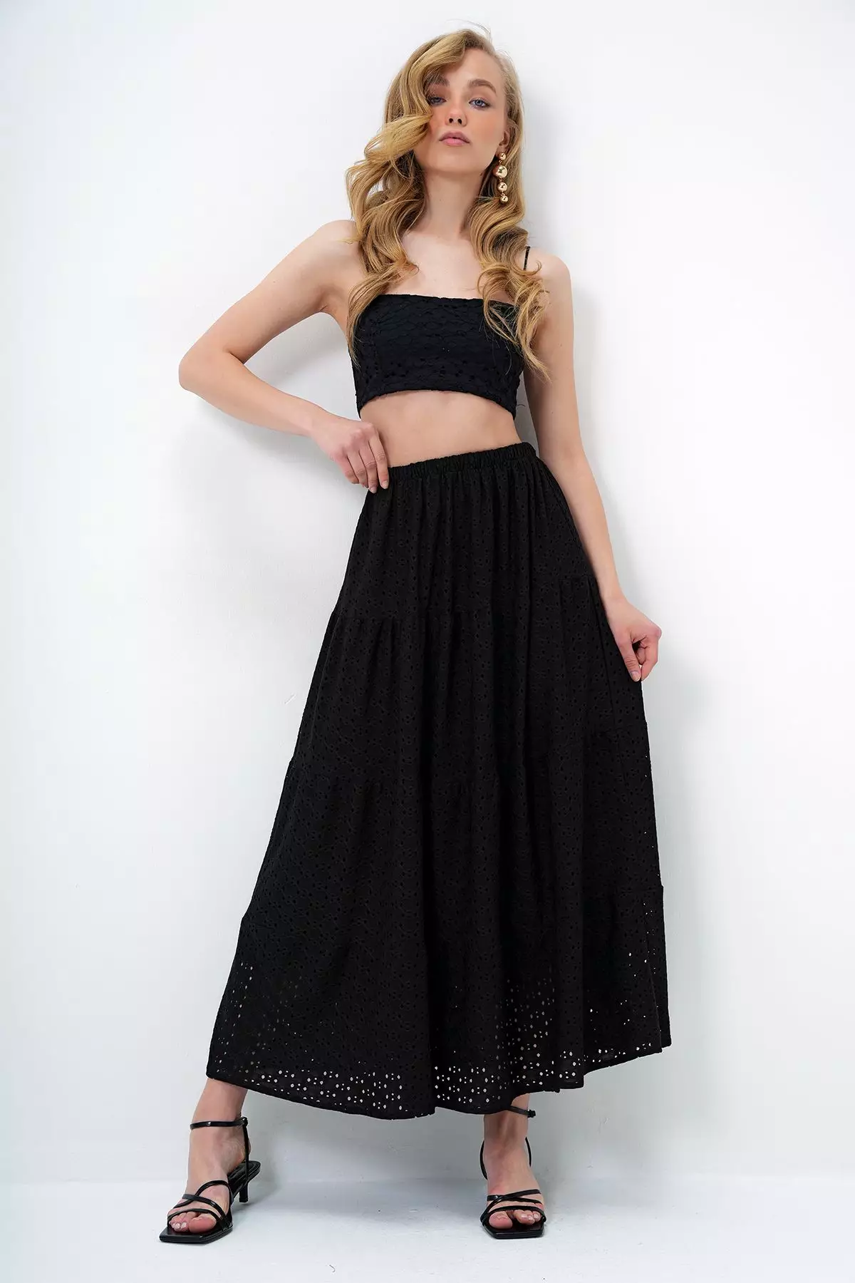 Women's Black Katkat Flounce Guipure Premium Skirt Alc-X14141