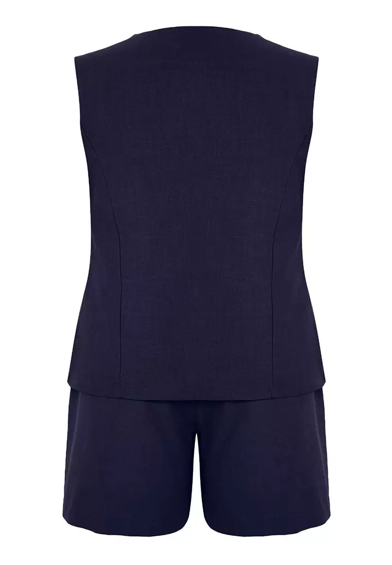 Navy Blue Lace-Up Woven Plus Size Blouse & Shorts Bottom - Top Set Tbbss25Cp00028
