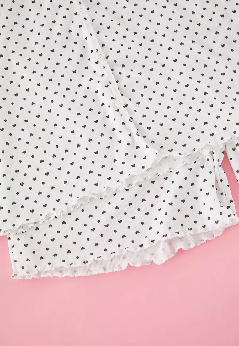 Ecru Heart Patterned Buttoned Camisole Shorts Knitted Pajama Set Tbbss25Ai00104