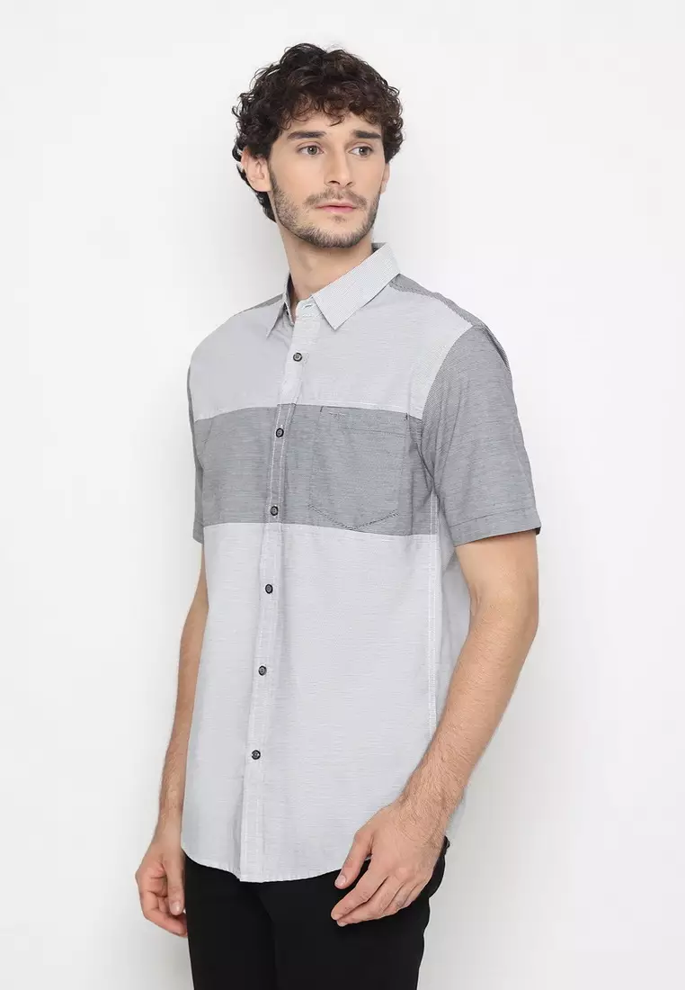 RBJ Kemeja Salur Kombi Putih Hitam Regular Fit Pria
