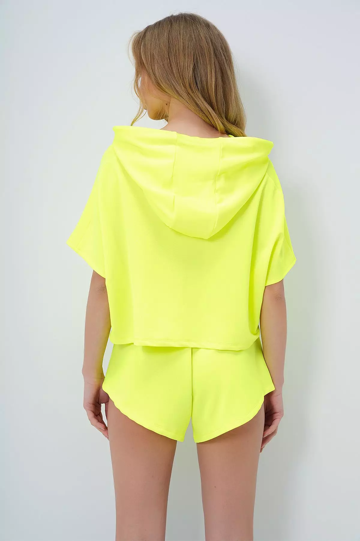 Women's Neon Yellow Hooded Crop Sweatshirt and Shorts Set