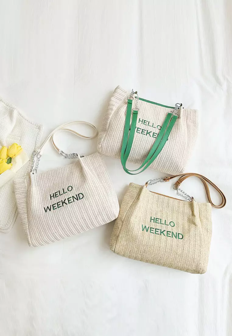 Wakakids Tas Wanita Bahu Shoulder Bag Tote Bag Bahan Anyam Jerami Motif Hello Weekend Venrz Coklat