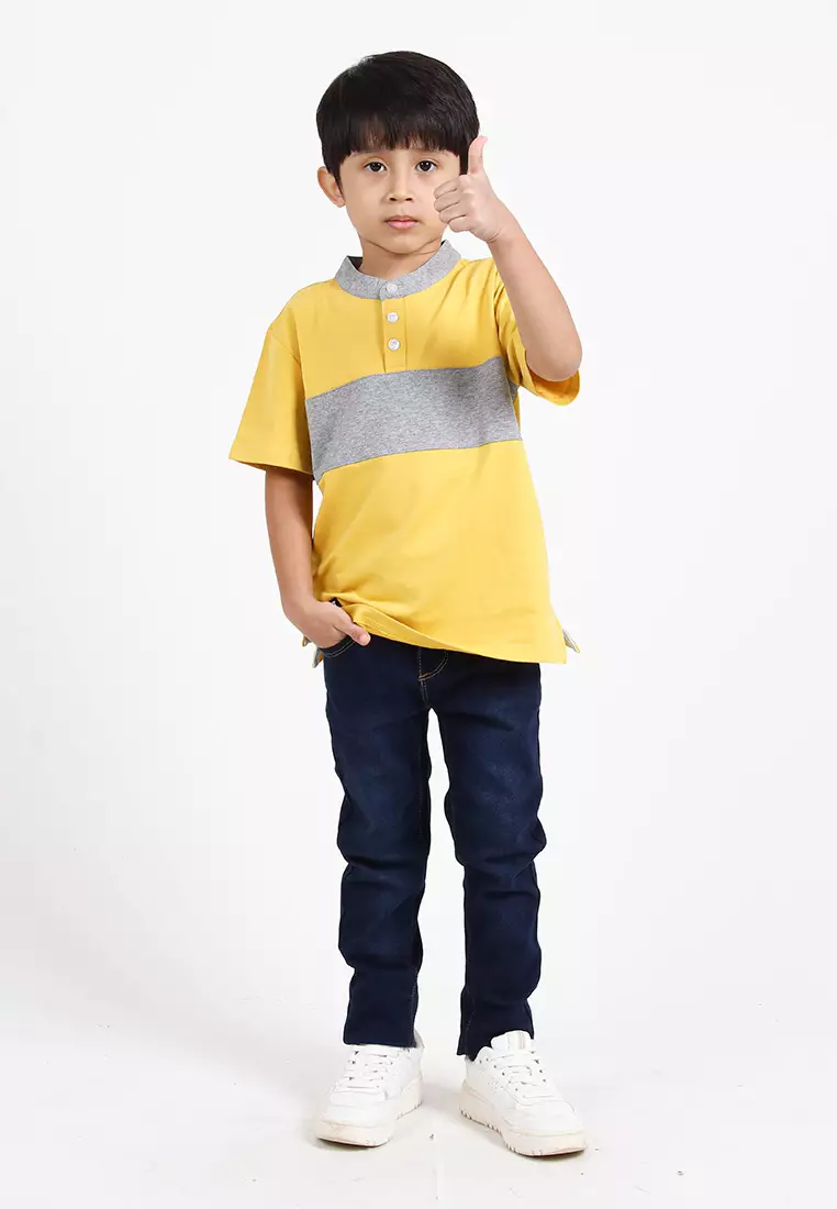 Forest Kids Premium Weight Cotton Stretchable Mandarin Collar T Shirt Men | T Shirt Baju Budak Lelaki - FK20170-65Yellow