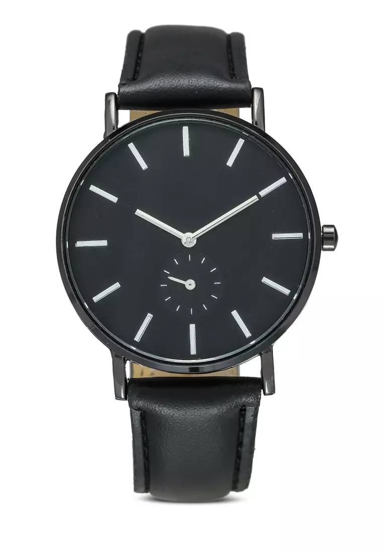 Round Face Subdial Black Strap Watch