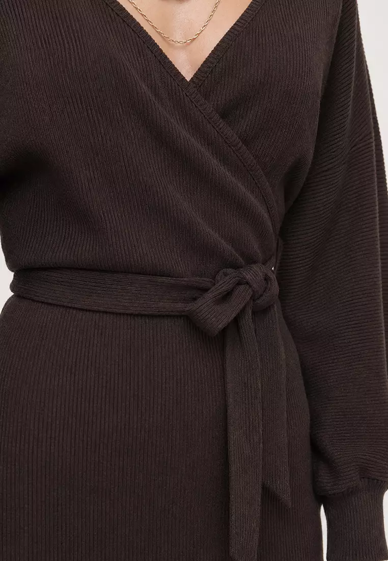 Women's Brown Double Breasted Batwing Sleeve Waist Belted Camisole Dress