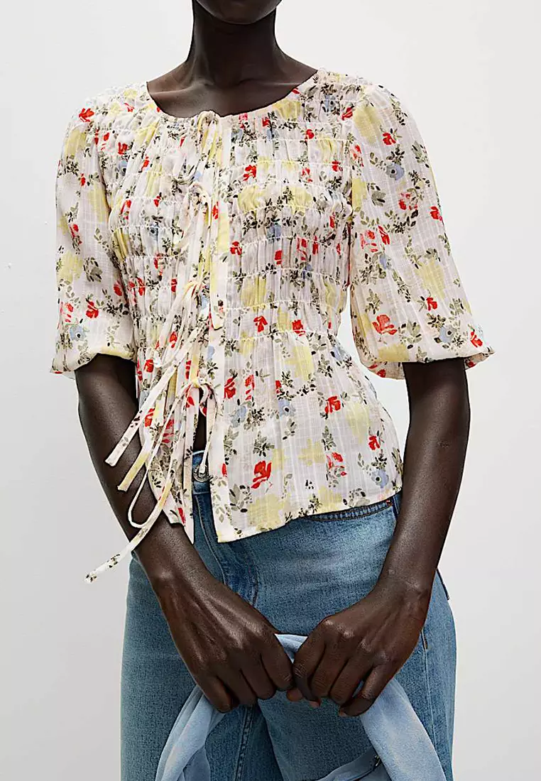 Printed Shirred Tie Detail Puff Sleeve Blouse