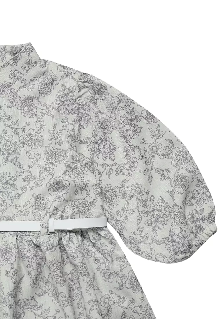 Dress Anak Perempuan Bunga Abu With Belt - CUTE