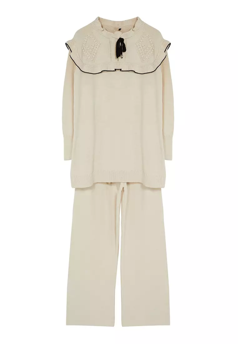 Ecru Black Piping Collar Detailed Knitwear Bottom-Top Set TCTAW25US00006