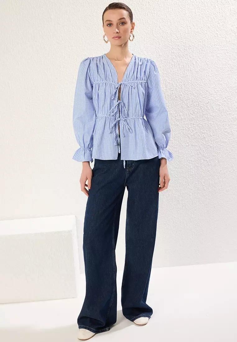 Blue Checkered V Neck Front Tie Detailed Woven Blouse