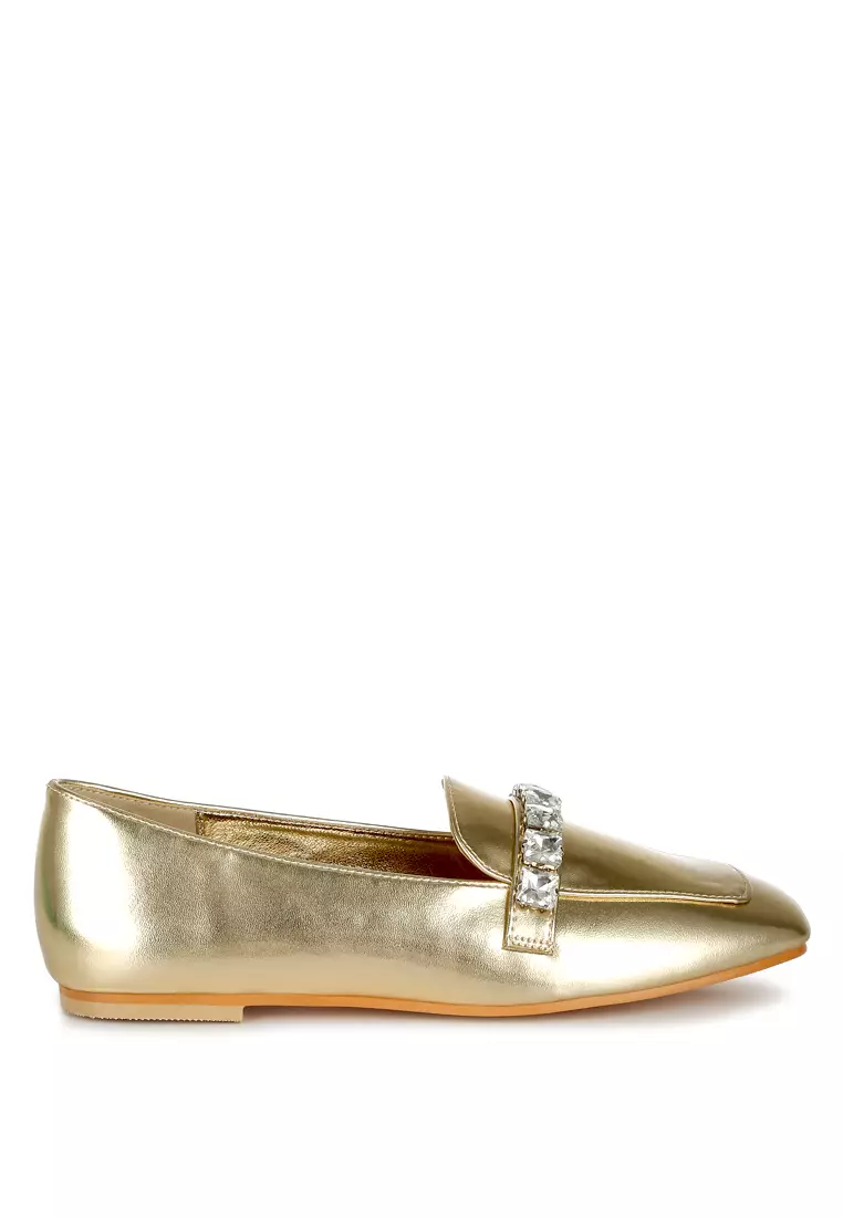 Discount on Rag & CO.  shoes - SKU: Metallic Diamante Strap Loafers In Gold