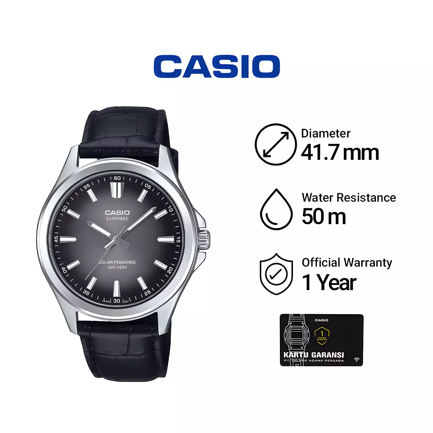 Casio Sapphire Glass - Solar Powered - Jam Tangan Analog Pria - Silver Case - Black Leather Band - MTS-RS100L-1AV
