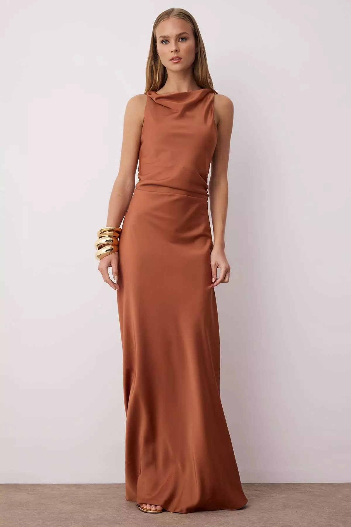 Brown Body Fitting Satin Maxi Evening Dress