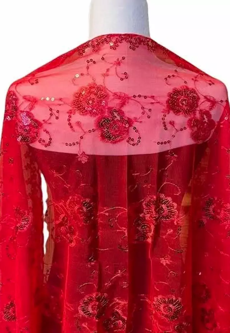 Aksesoris Wanita Small Flower Sequinn Lace Fringed Evening Shawl Syal Pesta Wanita Red