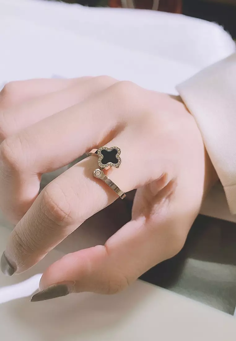 Adele Four-Leaf Clover Necklace + Stud Earrings + Rings Jewellery Set in Black