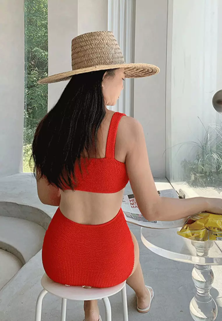 Solid high-waisted beach resort swimsuit set CA24032113RD