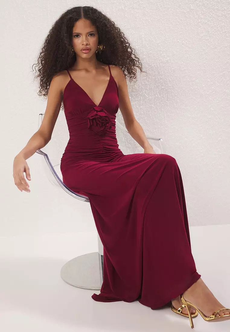 Burgundy Rose Detailed Knitted Maxi Elegant Evening Night Graduation Dress TPRSS25AE00180
