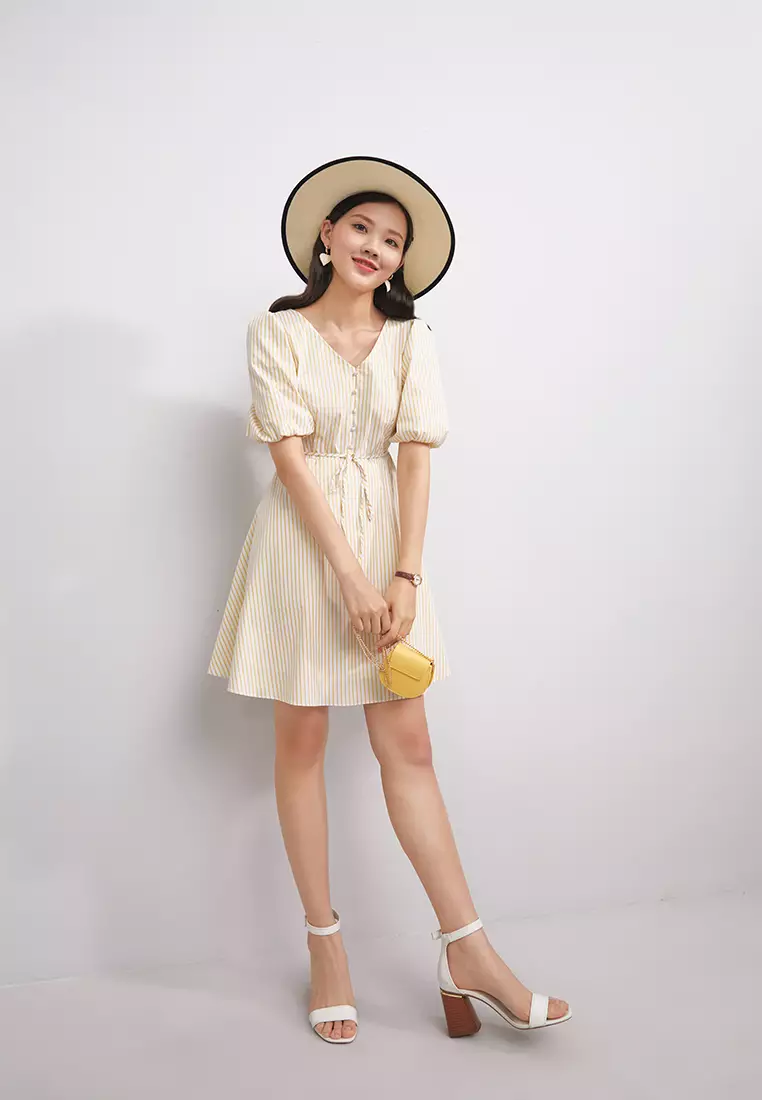 Puff Sleeve V-Neck Striped Mini Dress