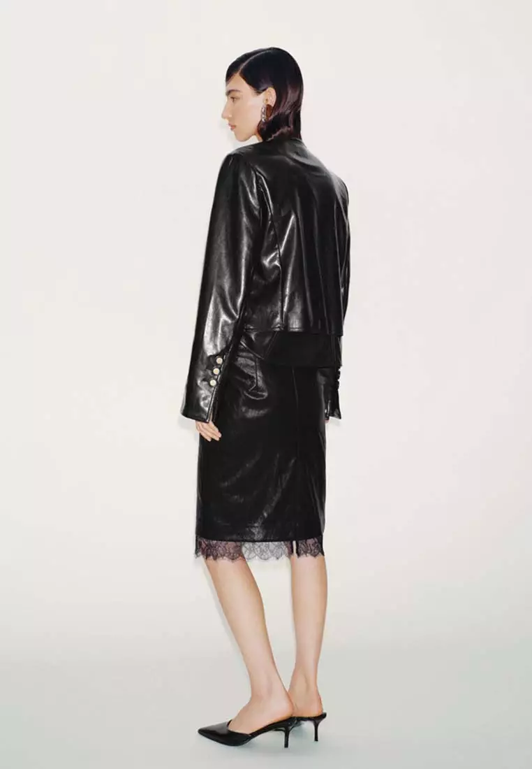 Faux Leather Collarless V-Neck Jackets