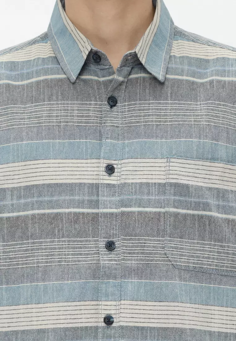 POLICE Kemeja Salur Printing Biru Regular Fit Pria