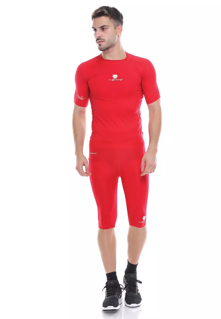 Tiento Baselayer Rash Guard Compression Half Pants Red White