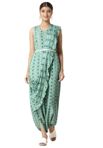 Indya green Teal Floral Boota Jumpsuit with Attached Dupatta F9226AA1C8350DGS_1