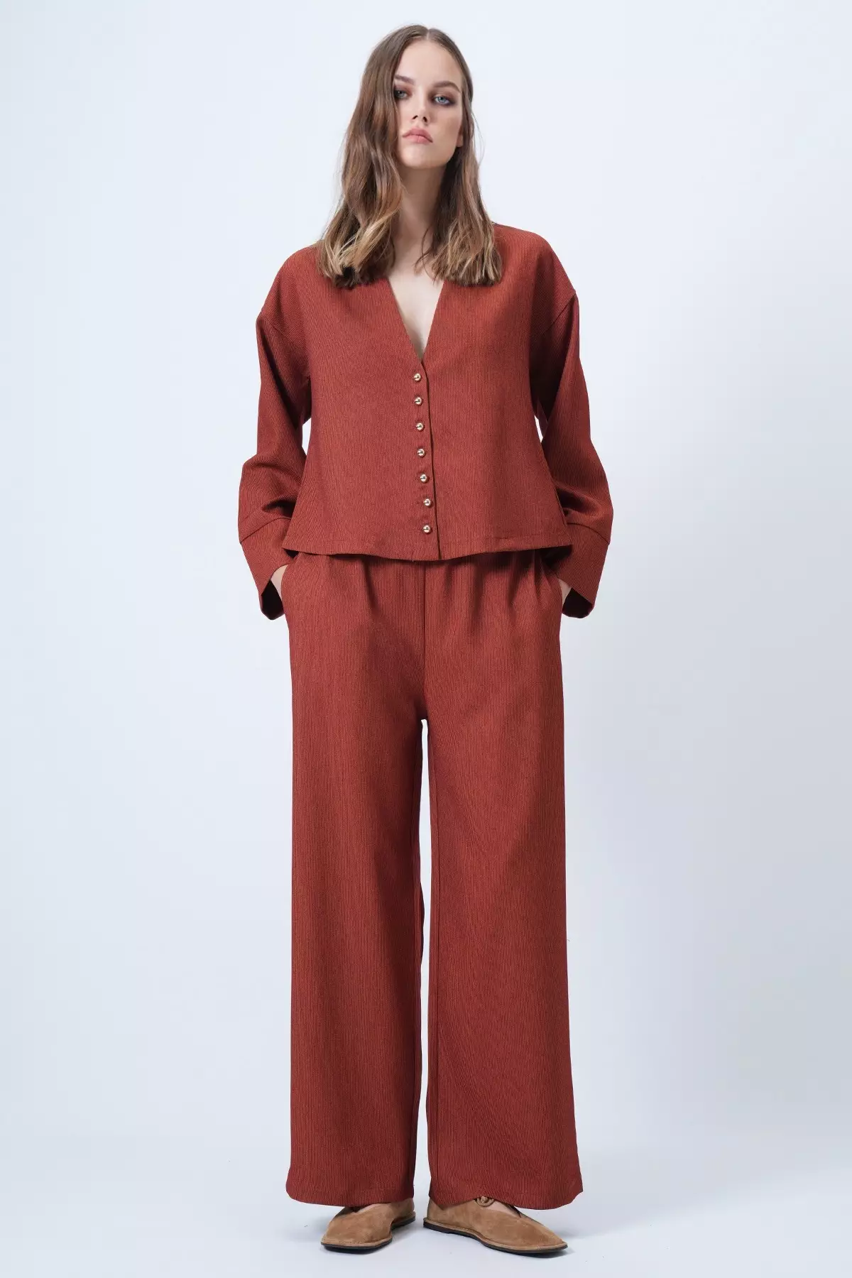 Kiremit Hakim Lapel Collar Gold Button Detailed Velvet Jacket And Palazzo Trousers Two-Piece Set Alc-X14633