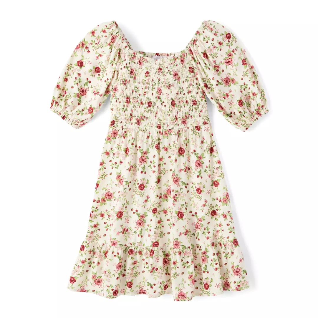Girls Floral Smocked Ruffle Dress - Baju Anak Perempuan (Putih)