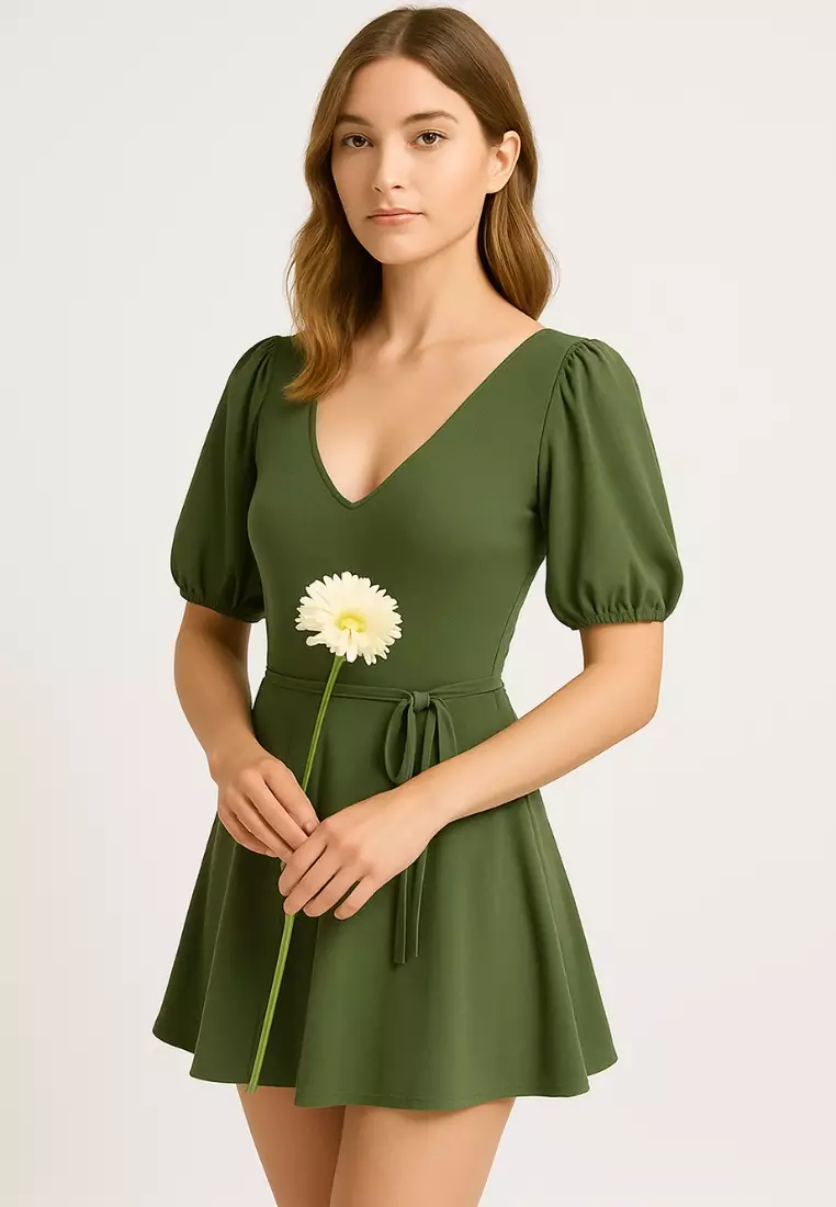 Aurelia Flattering Swimdress – Plus Size Tummy Control One Piece with Skirt Puff Sleeves V-Neck – Elegant Green