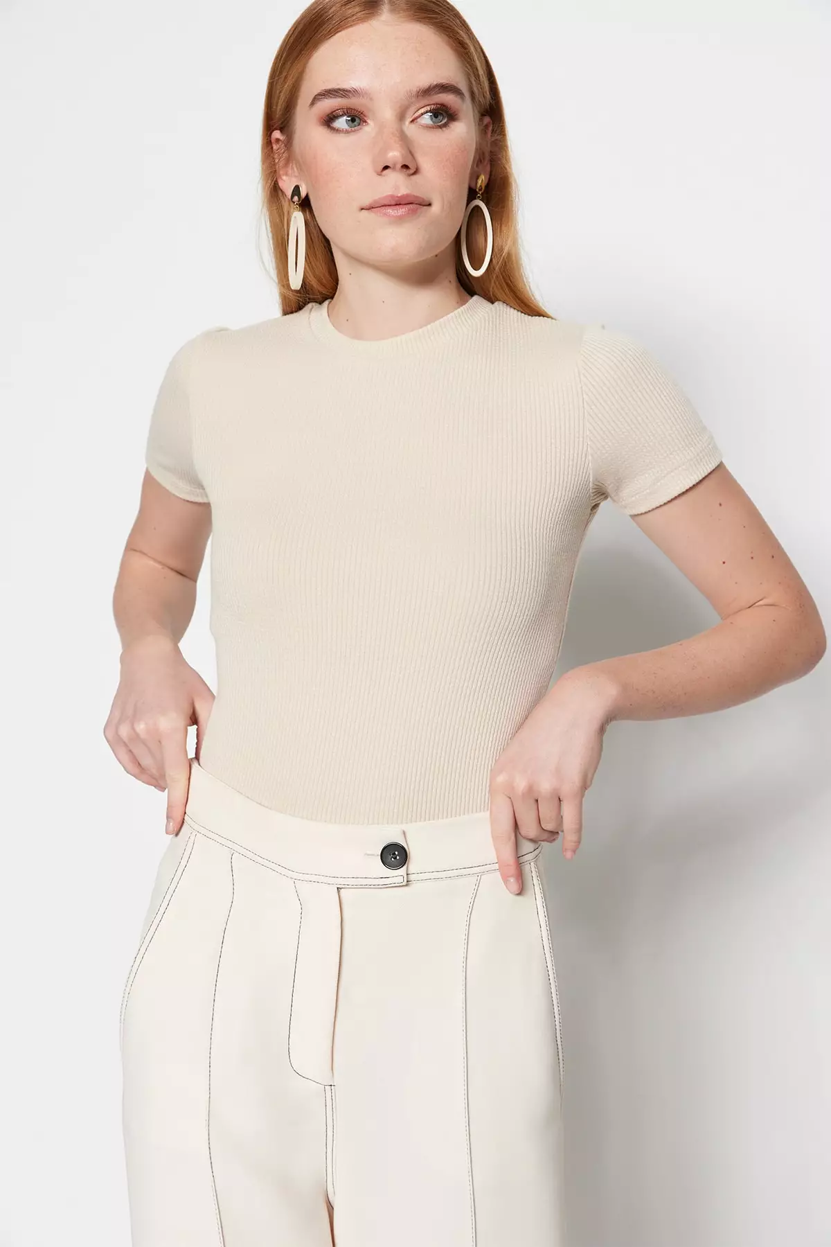 Half Sleeves Knitted Body Tunic with Snap Fastener