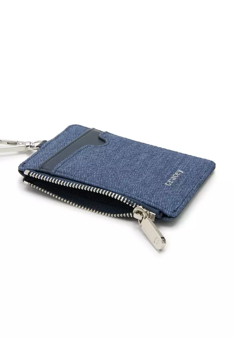 Tracey Denim Textured Zipper Card Holder with Lanyard