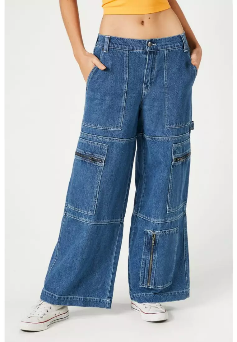 Zipper Cargo Mid-Rise Flare Jeans, 41% OFF
