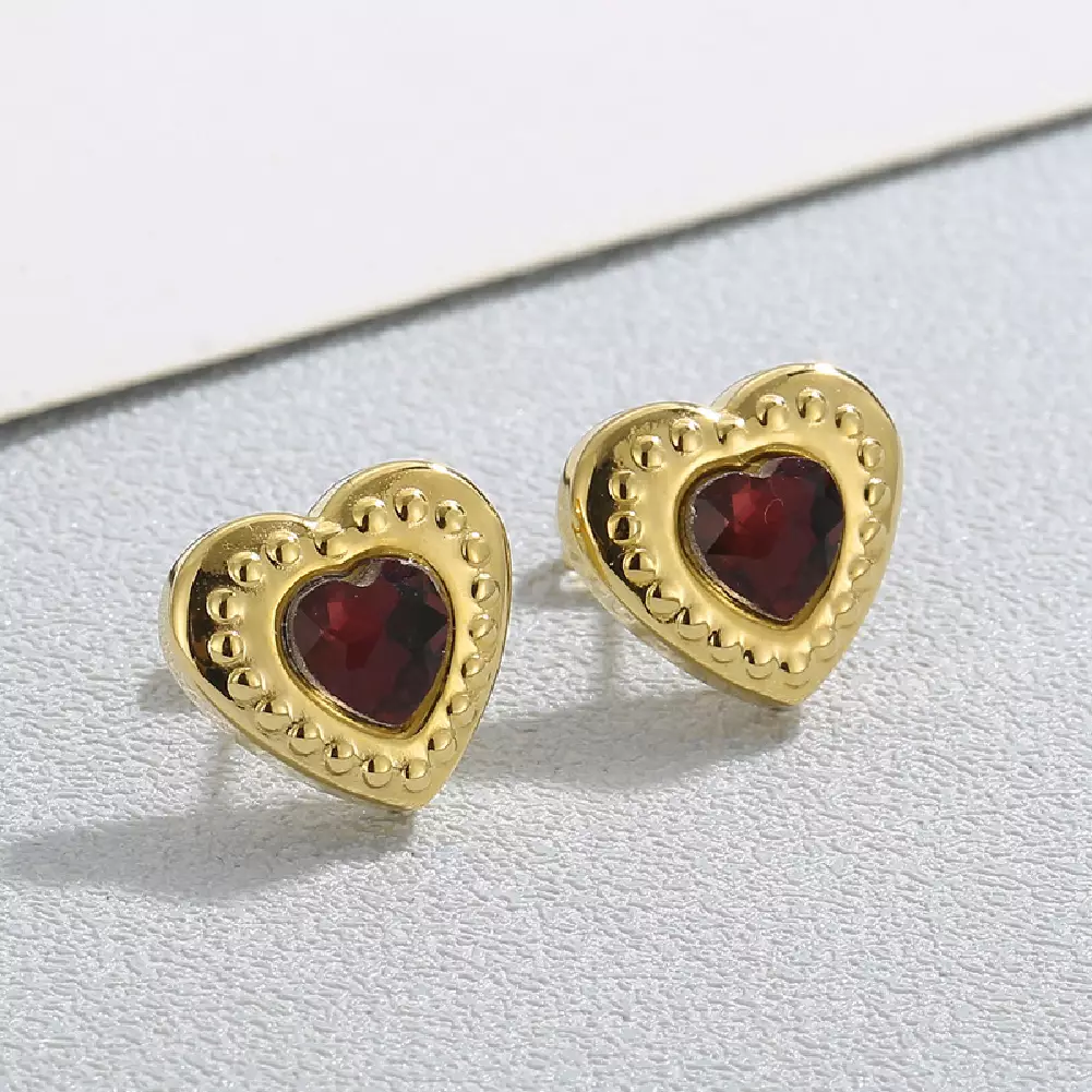 Glamorousky Fashion Simple Plated Gold 316L Stainless Steel Heart Stud Earrings with Purple Cubic Zirconia