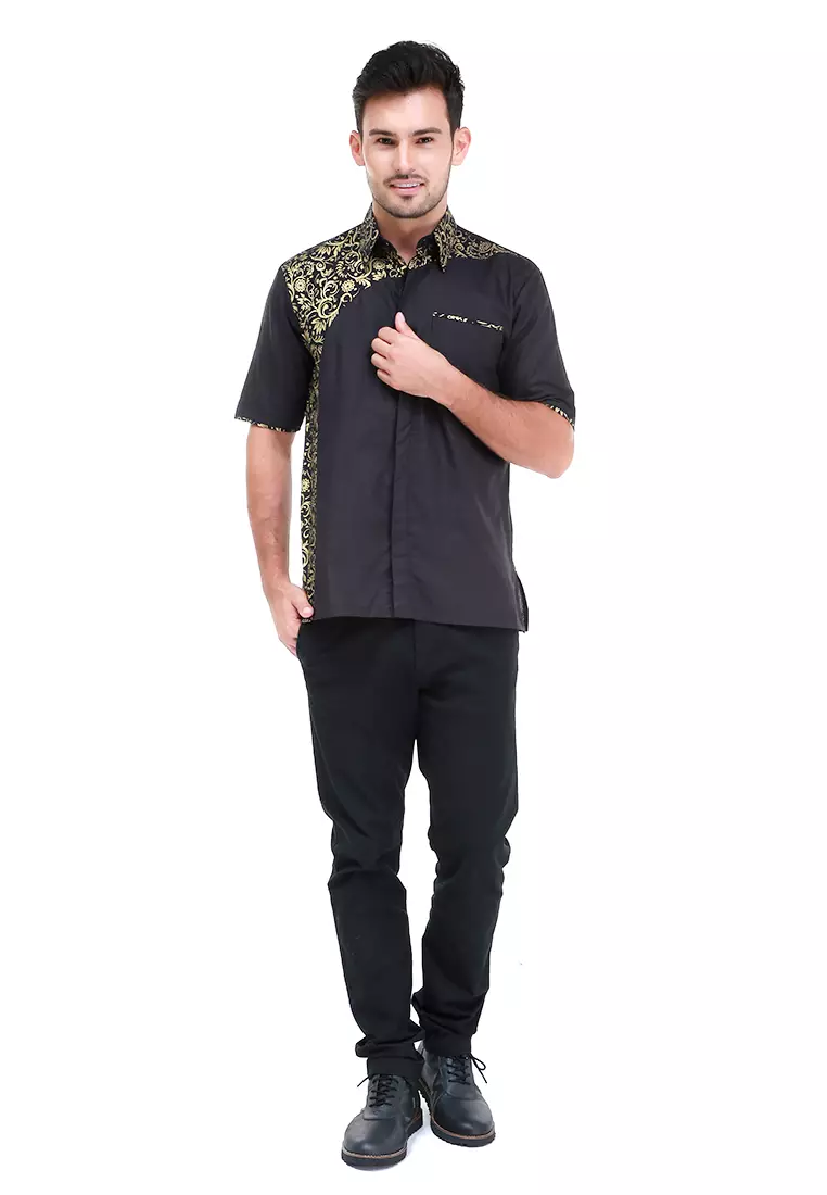 Dwan Kemeja Batik Pria Right Side Atasan Formal Shortsleeve Shirt Material Cotton ORIGINAL - Black