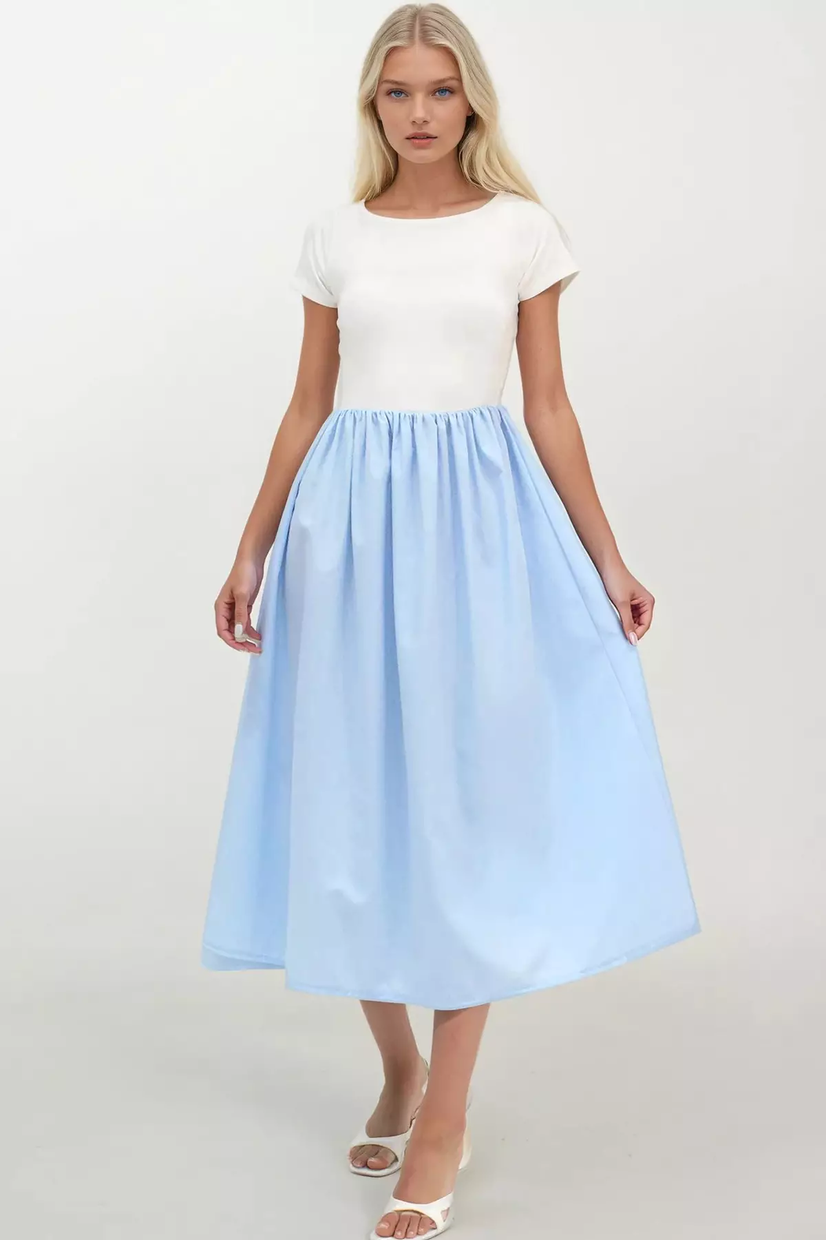 Women's Blue Crew Neck Elastic Waist Color Block Maxi Dress Alc-X14278