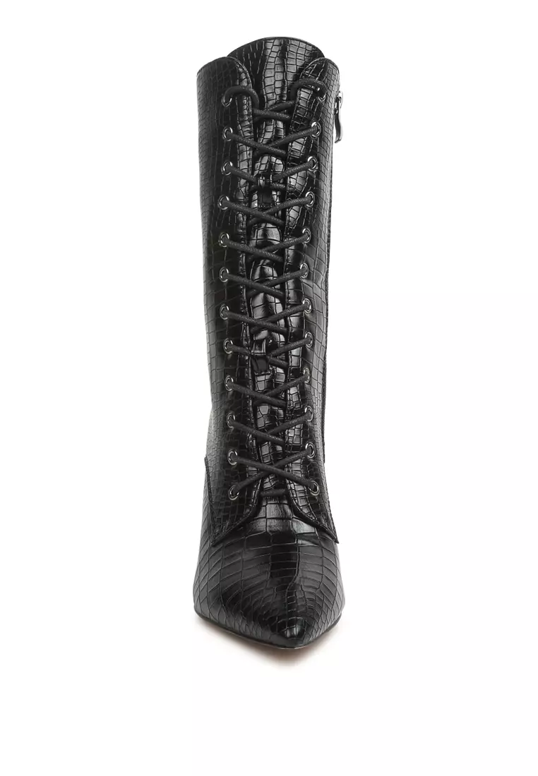 Croc Textured Over The Ankle Boots in Black