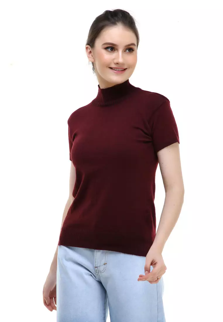 Earl Tshirt Lengan Pendek Turtleneck Design Simple Atasan Wanita - Maroon