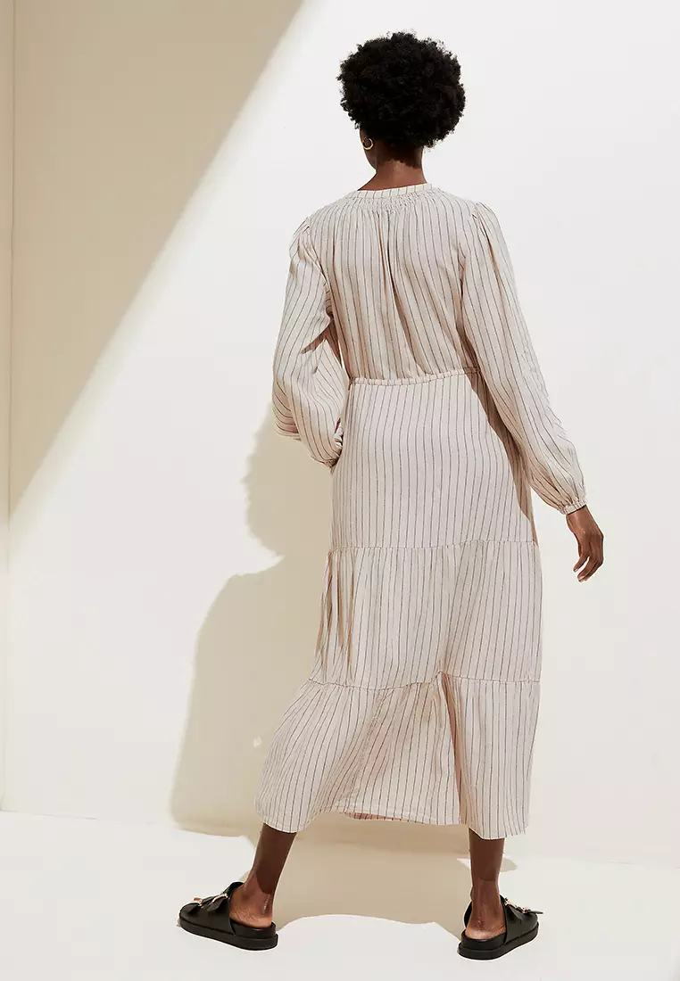 Linen Blend Striped Maxi Tiered Dress