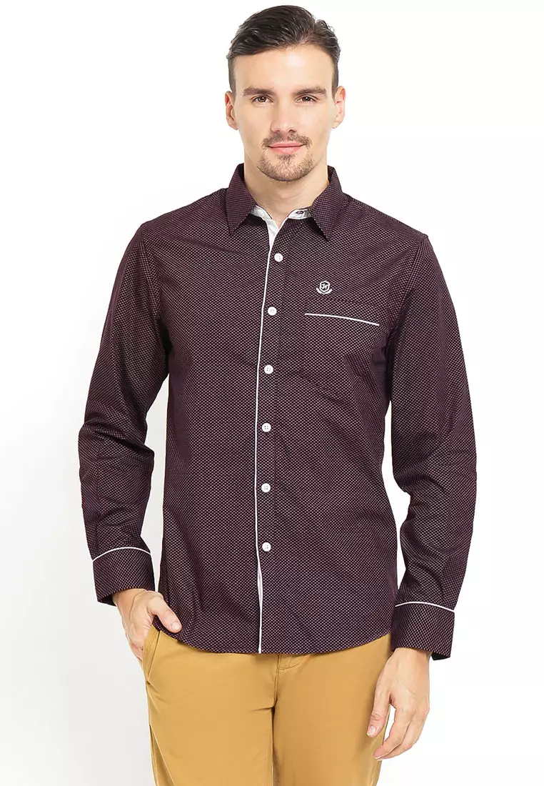 Johnwin - Slim Fit - Kemeja Casual Active - Printing - Maroon