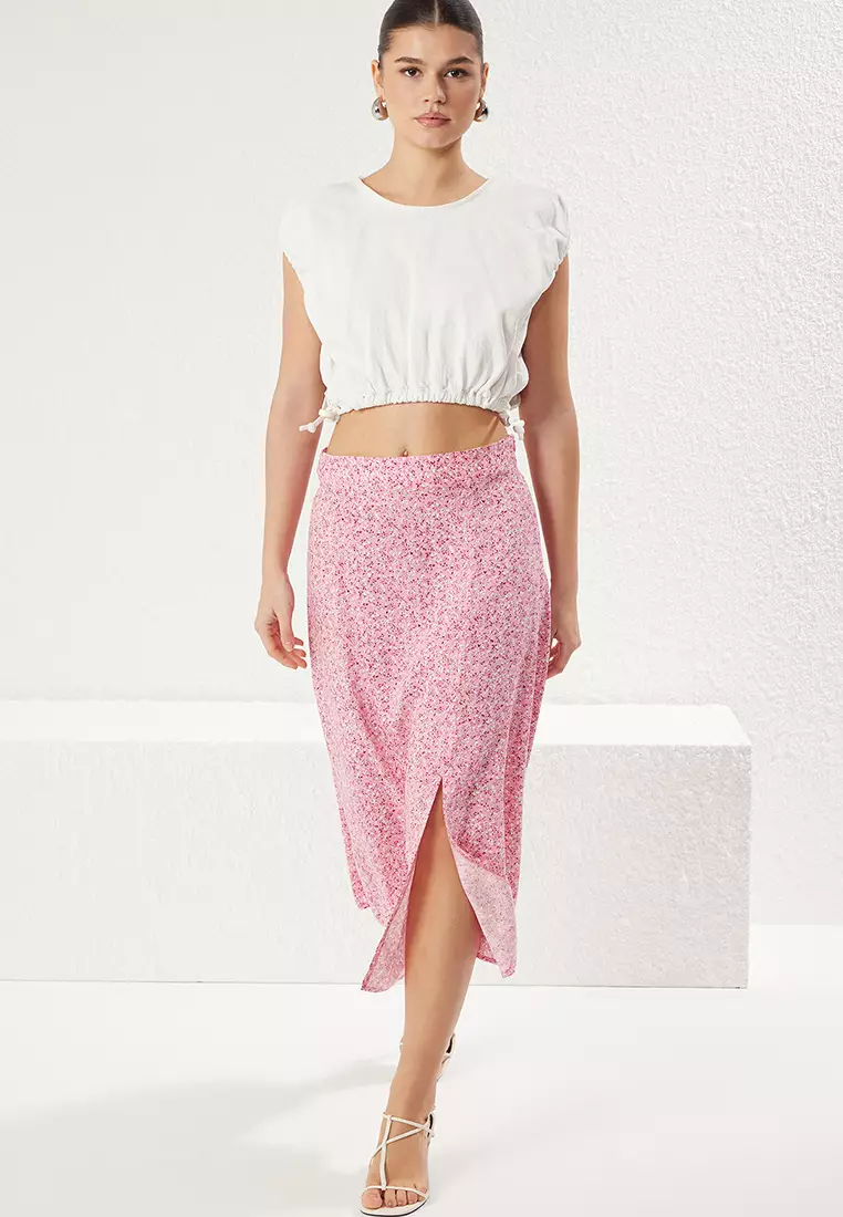 Light Pink Slit Detail Floral Patterned Fabric Midi Woven Skirt