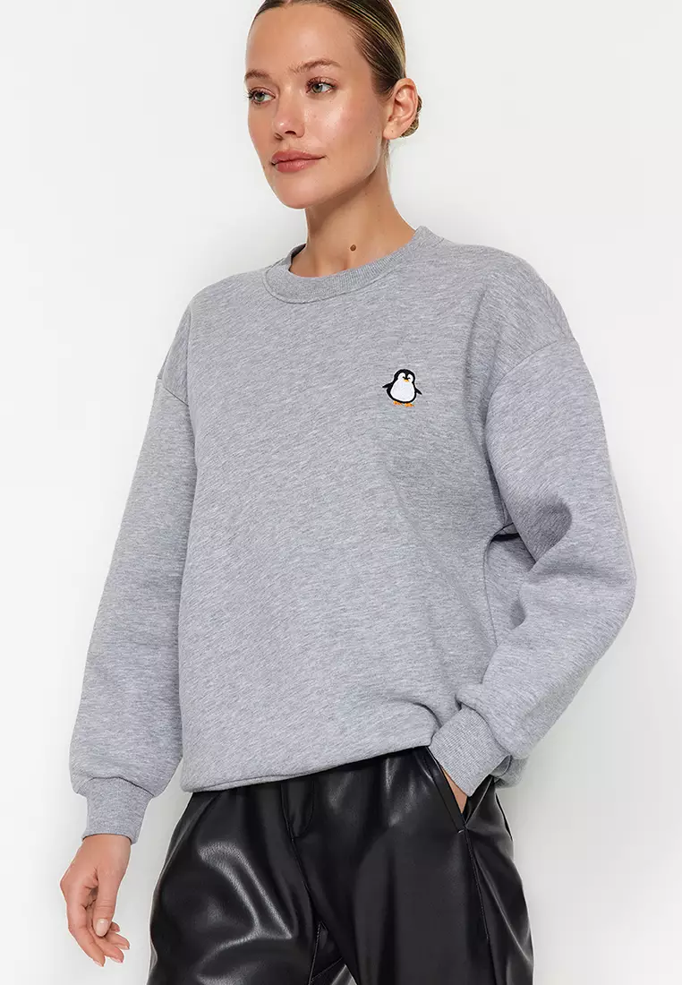 Grey Embroidered Regular Fit Thick Fleece Inside Sweatshirt