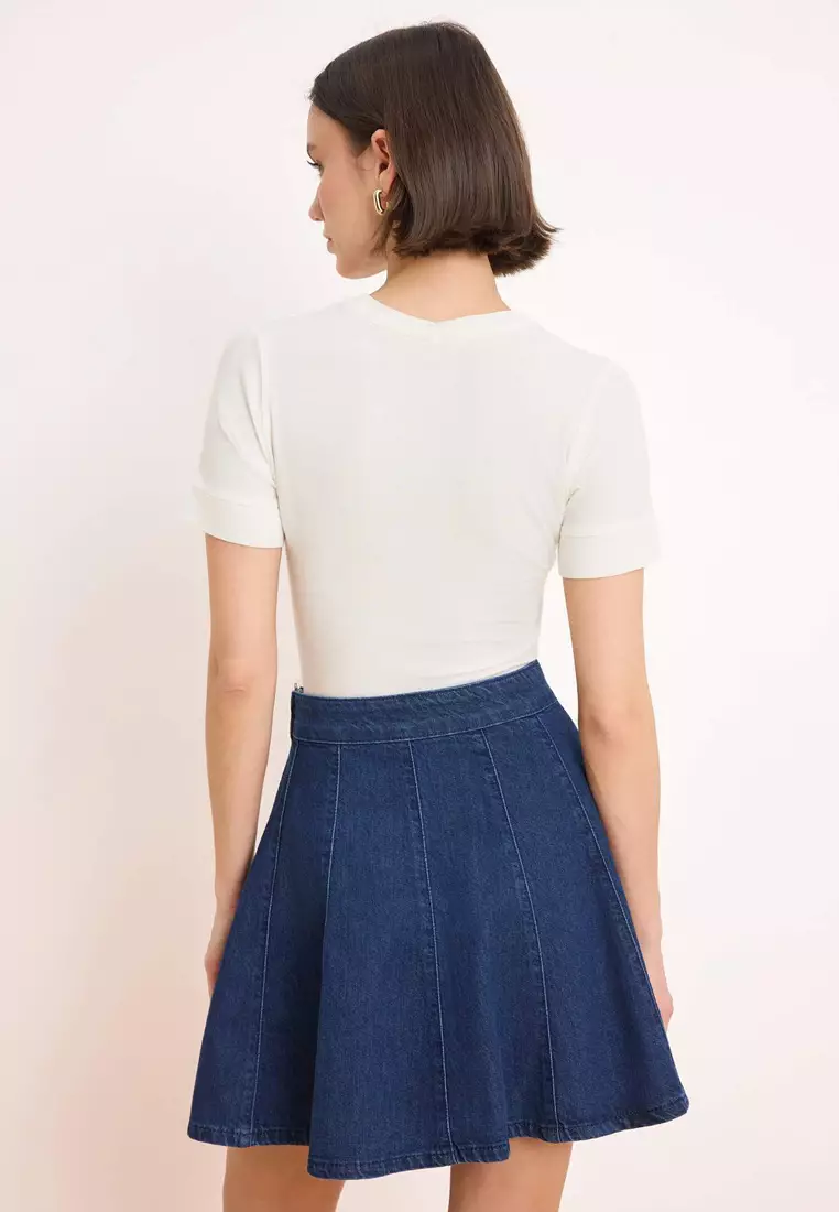 Dark Blue Flounced 1% Cotton Mini Denim Skirt Twoss26Et68