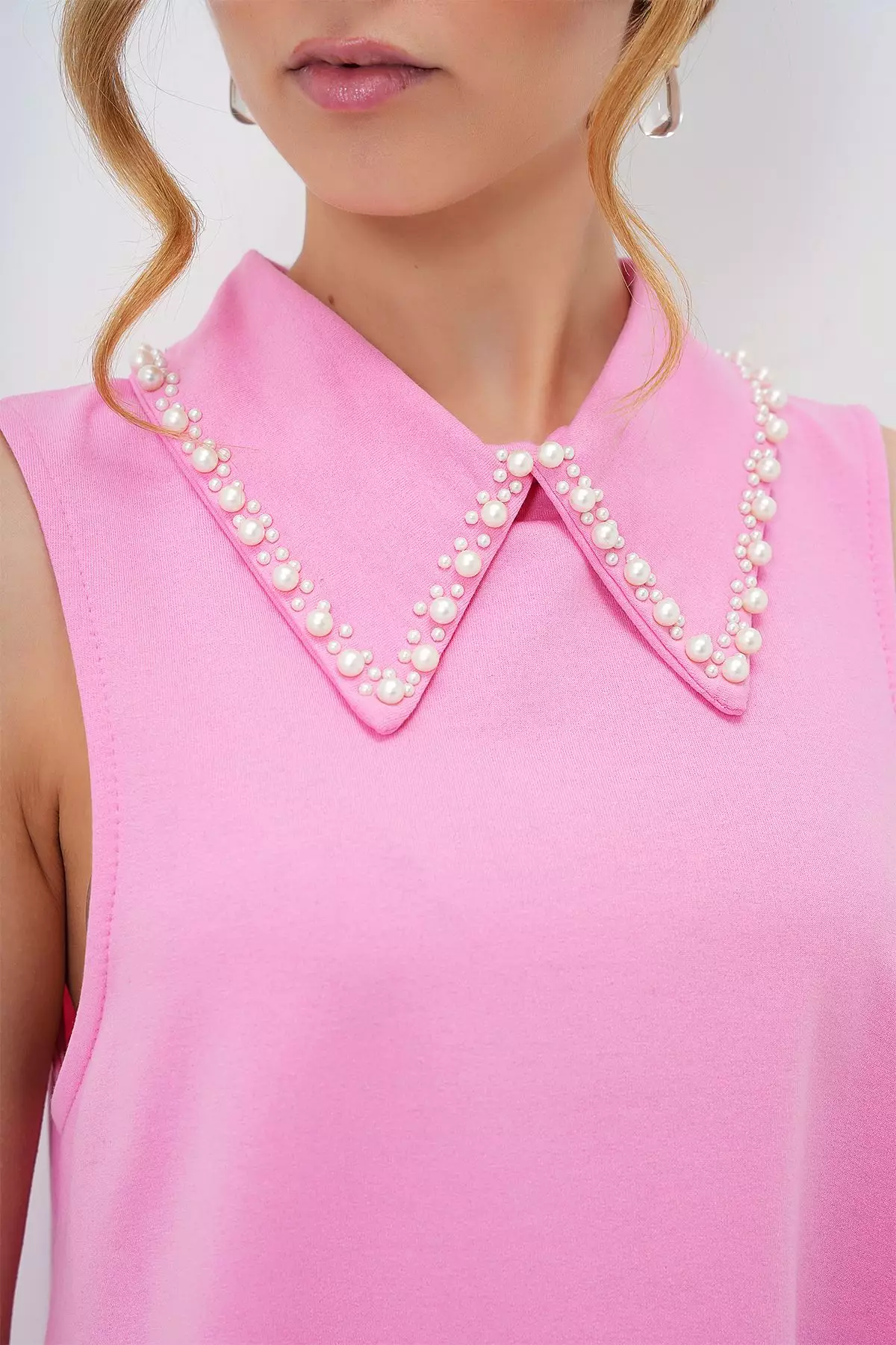 Women's Pink Faux Pearl Collar Sleeveless Basic Dress