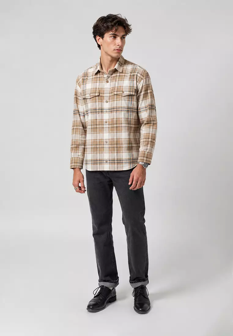 MELVINS - BEIGE Kemeja Flannel Pria Motif Kotak-Kotak Lengan Panjang Relaxed Fit