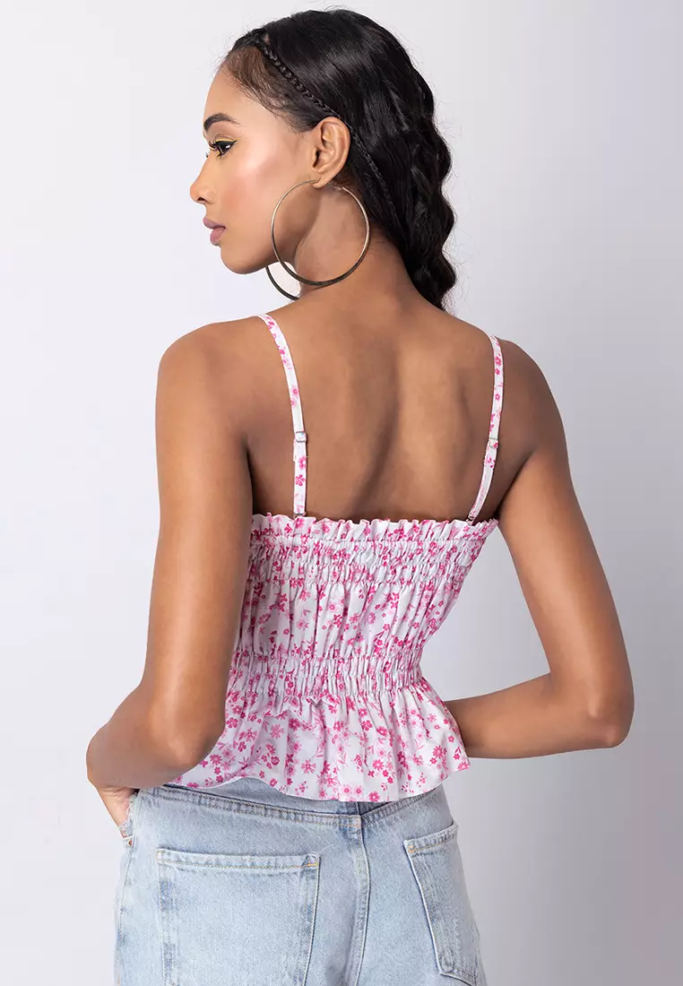 White Poplin Floral Smocked Crop Top