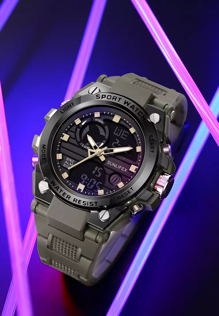 Jam Tangan Pria Analog&Digital Tali Silicone Original Luminous Display Anti Air Jam Tangan Cowok KHAKIBLACK