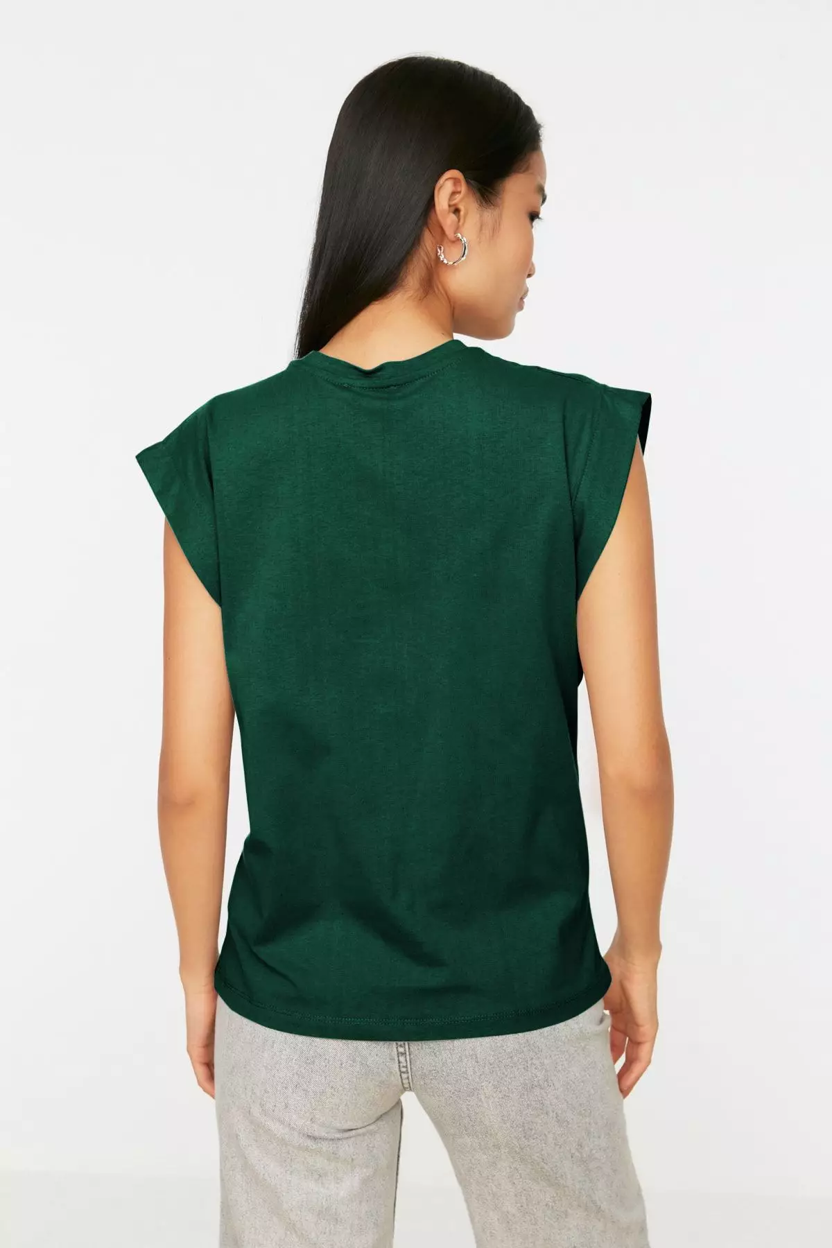 Emerald Green Detail 100% Cotton Padded Look Basic Crew Neck Knitted T-Shirt TWOSS20TS0021