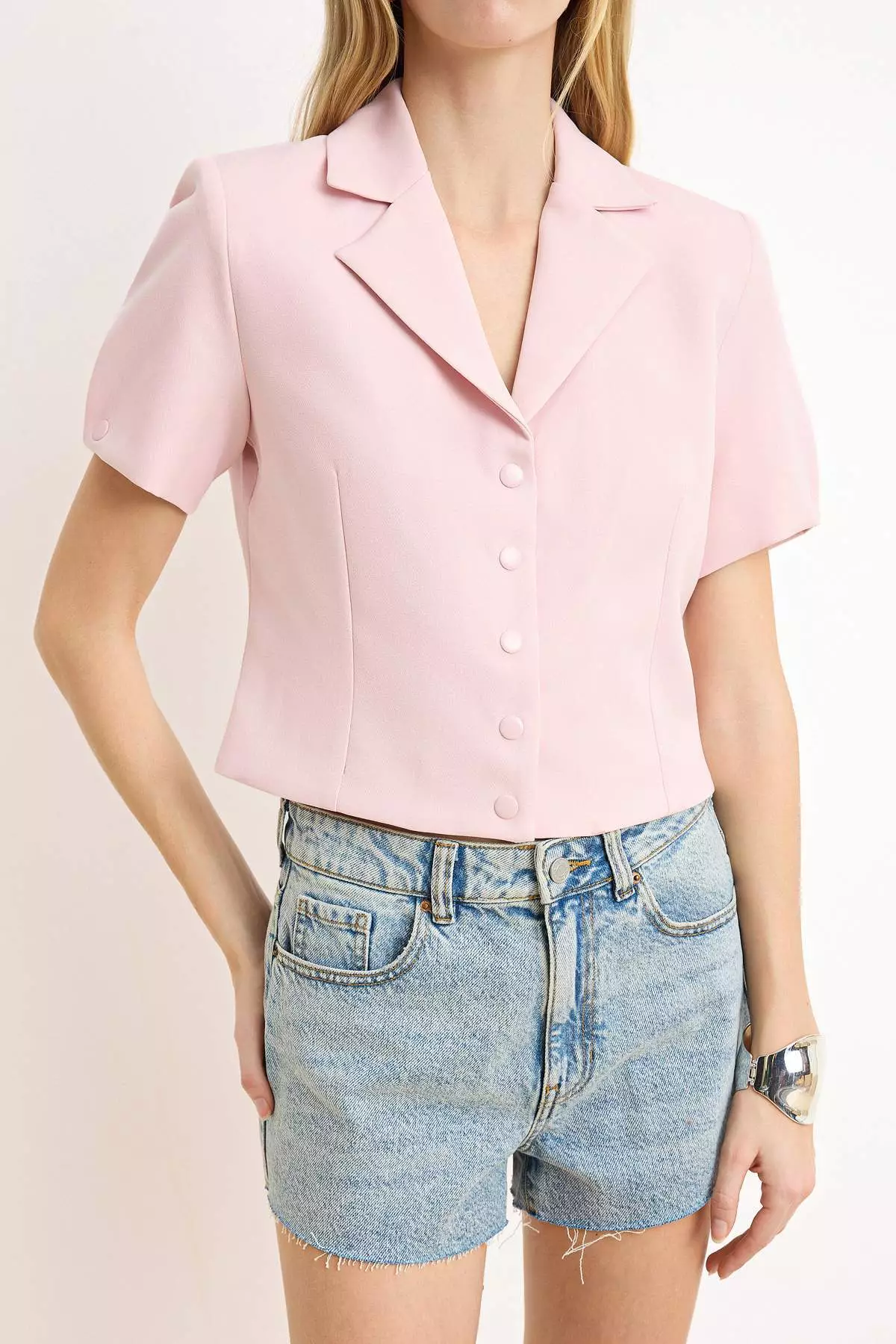 Pink Snap Fastener Short Sleeve Lined Crop Blazer Jacket Twoss26Bc29