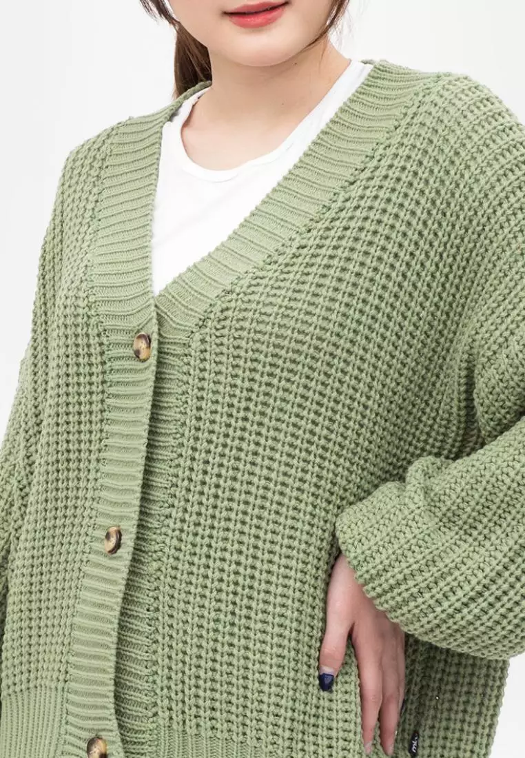 Button Puff Sleeve Knit Cardigan in Green